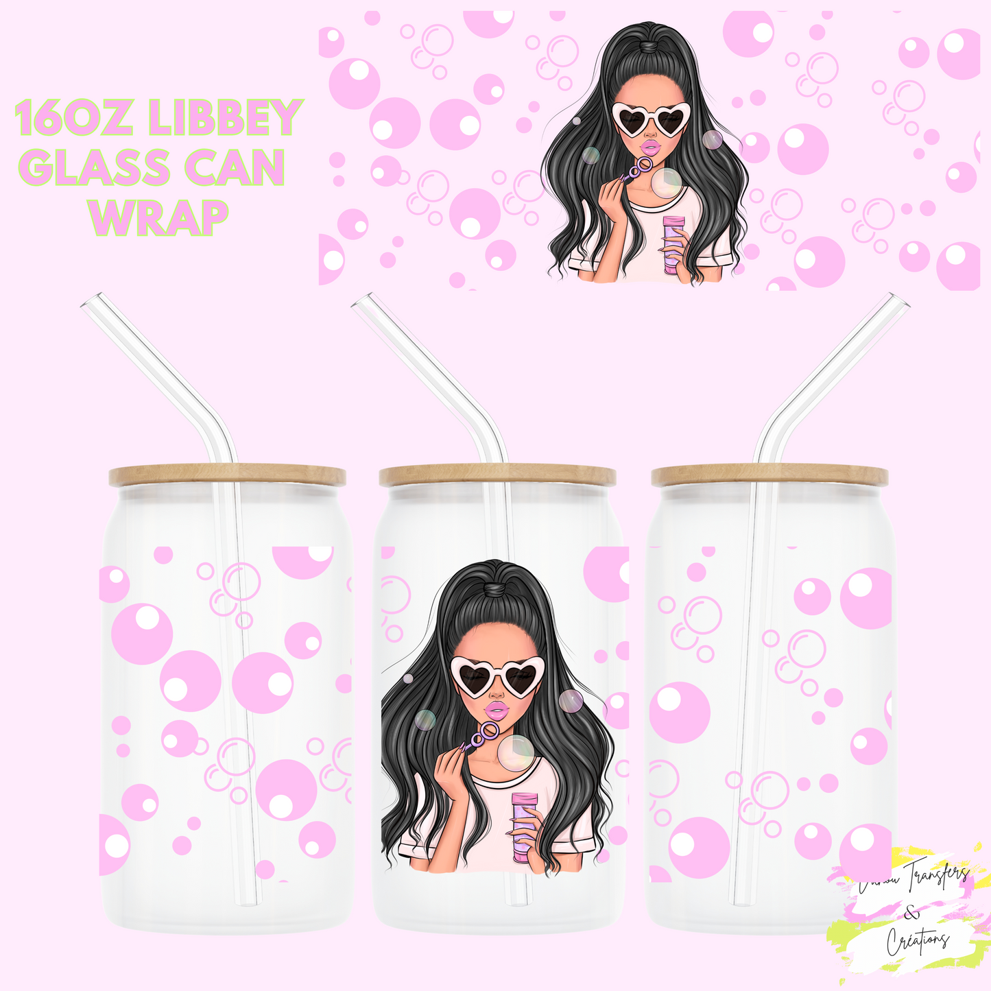 Bubbles girl #1 (black hair) UV DTF cup wrap