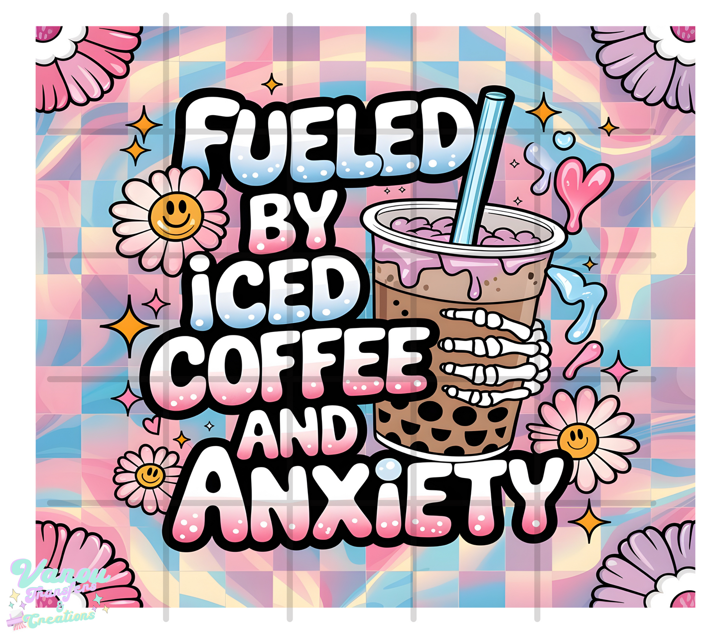 Fueled by iced coffee and anxiety 20oz skinny tumbler PNG sublimation/vinyl