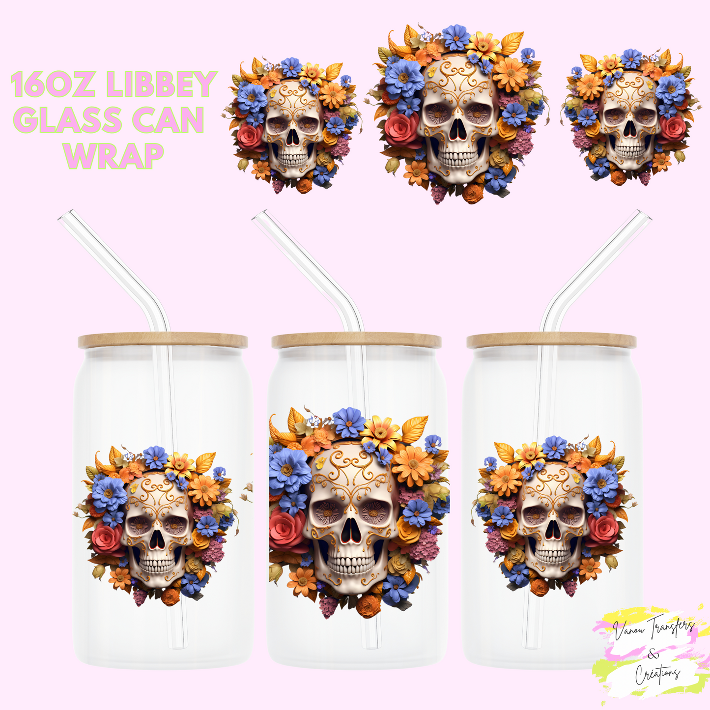 3D Skull flower #1 UV DTF cup wrap