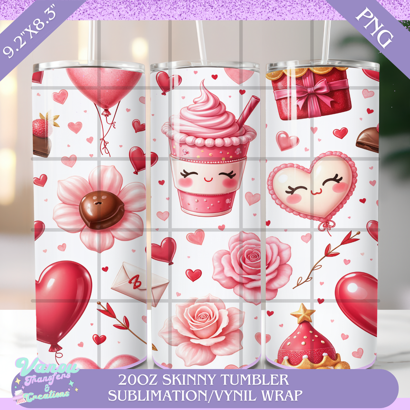 Kawaii valentine day 20oz skinny tumbler PNG sublimation/vinyl